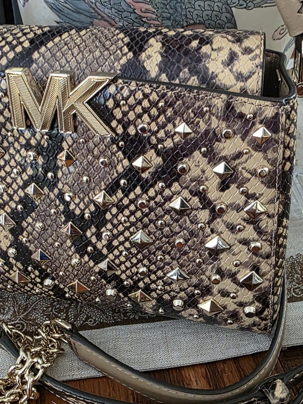Michael Kors Beige Snake-Print Studded Satchel with Gold Hardware - Picture 3 of 7